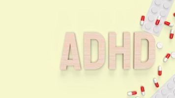 el texto de madera adhd y el fármaco para la representación 3d de contenido médico foto