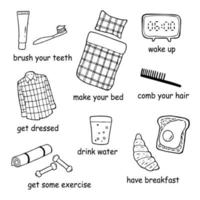 Vector doodle set with morning routine cliparts. Steps of the morning routine. Hand drawn.