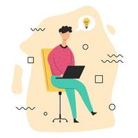 Person sits on a chair. Man has idea. Programmer in flat design. Man with laptop. Lightbulb. vector