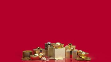 The Chinese  gold money and gift box on red background  for business or holiday concept 3d rendering photo