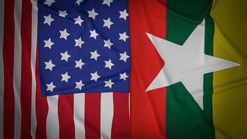 la bandera de myanmar y la etapa unida de la bandera de américa representación 3d foto