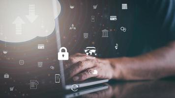 Cyberspace and cloud technology have transformed innovations in communication systems, business people use laptops to connect global data through the Internet and protect database security. photo