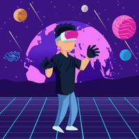 hombre dentro del mundo de realidad virtual adecuado para la ilustración temática del metaverso vector