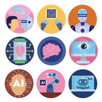 coloridos iconos de inteligencia artificial y aprendizaje automático vector