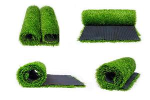 illustration collage artificial turf roll of green grass isolated on white background photo