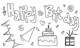 set of hand drawn doodle cartoon objects and symbols on the birthday party. vector