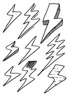 set of hand drawn vector doodle electric lightning bolt symbol sketch illustrations. thunder symbol doodle icon.