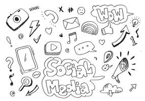 conjunto de dibujos animados de doodle de arte de línea vectorial de objetos y símbolos sobre el tema de las redes sociales. vector