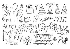 set of hand drawn doodle cartoon objects and symbols on the birthday party. vector