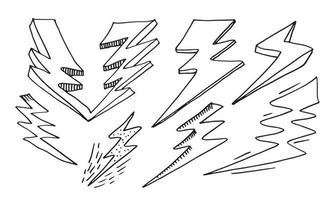 conjunto de ilustraciones de esbozo de símbolo de relámpago eléctrico de garabato vectorial dibujado a mano. icono de garabato de símbolo de trueno. vector