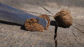 cut piece of hashish, amber cannabis trichomes for smoking photo