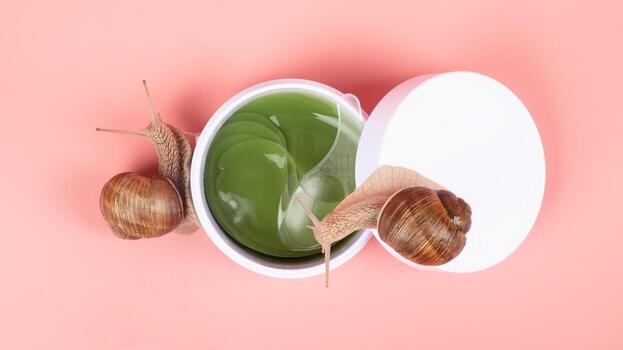 snail and container with cosmetic patches for the eyes with the addition of mucin photo
