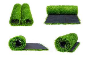 collage illustration rolls of artificial lawn panorama isolated on a white background photo