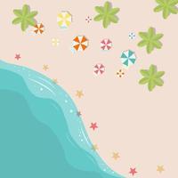 concepto de vector vista superior fondo de playa con sombrillas de hojas de palma, estrellas de mar de bolas y mar de boya de vida tumbona. vista superior del estilo vectorial de la playa de verano. vista superior del mar en vacaciones de verano.