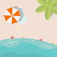 Vector concept Top view beach background with Palm leaves umbrellas, balls starfish, and sunbed life Buoy sea. Top view of summer beach vector style. Top view of the sea in summer holiday.