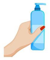 female hand holds sanitizer with liquid soap, antiseptic. Preventing the spread of viruses. Disease prevention. Personal hygiene. Cartoon vector on white background