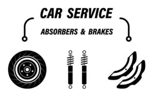Infographics, car repair service. Automotive shock absorber. Brake discs and pads. Driving safety. Set of vector icons