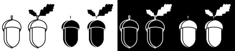 Acorn icons set. Oak, oak grove. Black and white vector in minimal style