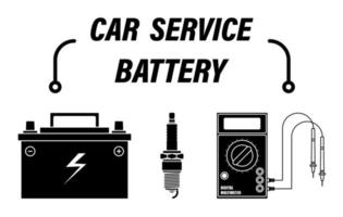 infografía, servicio de reparación de automóviles. multímetro digital, probador. Medición de carga de batería de coche. bujia automotriz. conjunto de iconos vectoriales vector