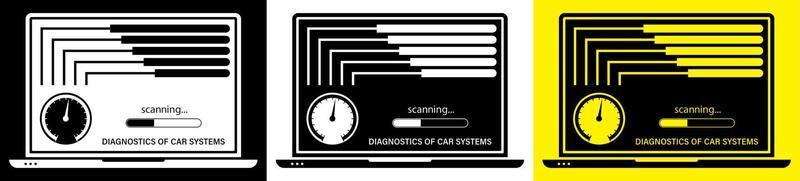 laptop checks that the vehicle is working properly. Computer diagnostics of car systems with special programs. Car service in service center. Vector