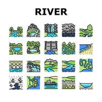 río y lago naturaleza paisaje iconos conjunto vector