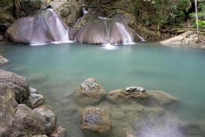 Clean green emerald water from the waterfall Surrounded by small trees - large trees,  green colour, Erawan waterfall, Kanchanaburi province, Thailand photo