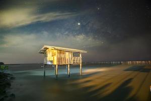 Old wooden house, no longer living in the sea, no way up the house Taken with the Milky Way as the back ground photo