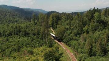 Aerial view of a steam train and locomotive in forest video