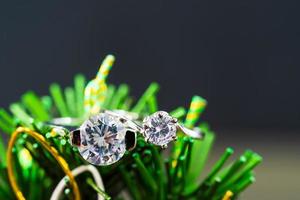Diamond wedding rings on green leaves photo