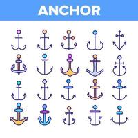 anclas, conjunto de iconos lineales de vectores de equipos de barcos