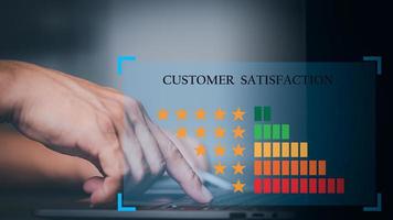 Customers use laptops to score excellent satisfaction ratings, online feedback ratings and assessments, and digital technology product and service reputation surveys. to collect customer information photo