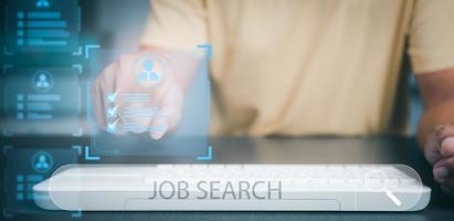 Job search and employment with online networking technology, recruiting careers and jobs from companies via the Internet, Businessman searching for information through a virtual screen. photo