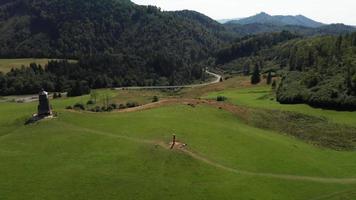 Aerial view - orbiting a watch tower and statue on a green field video