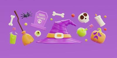 Happy Halloween with witch hat, bones, skull, grave, pumpkin, colorful candies and sweets floating on purple background, 3d rendering. photo