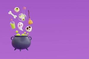 Happy Halloween with witch cauldron, bones, skull, ghost, and broom floating on purple background, 3d rendering. photo