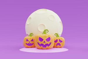 Happy Halloween with Jack-o-Lantern pumpkins character under the moon on purple background, 3d rendering. photo