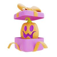 cajas de regalo abiertas con calabaza jack-o-lantern de halloween aislada en fondo blanco, tradicional fiesta de octubre, representación 3d. foto