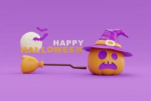 feliz halloween con carácter de calabazas jack-o-lantern sobre fondo morado, fiesta tradicional de octubre, representación 3d. foto