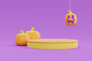 Happy Halloween with podium display and Jack-o-Lantern pumpkins on purple background, traditional october holiday, 3d rendering. photo