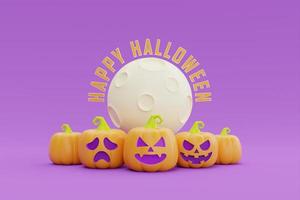 Happy Halloween with Jack-o-Lantern pumpkins character under the moon on purple background, 3d rendering. photo