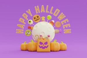 feliz halloween con calabazas jack-o-lantern y caramelos coloridos bajo la luna sobre fondo morado, representación 3d. foto