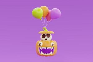Happy Halloween with Jack-o-Lantern pumpkin and colorful balloon floating on purple background, traditional october holiday, 3d rendering. photo