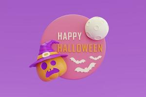 feliz halloween con carácter de calabazas jack-o-lantern sobre fondo morado, fiesta tradicional de octubre, representación 3d. foto