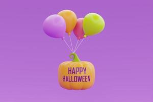 feliz halloween con calabaza jack-o-lantern y globo colorido flotando sobre fondo morado, fiesta tradicional de octubre, representación 3d. foto