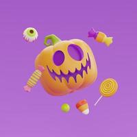 Happy Halloween with Jack-o-Lantern pumpkins character, colorful candies and sweets floating on purple background, 3d rendering. photo