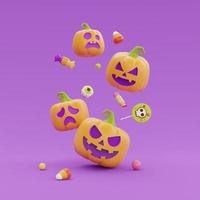 Happy Halloween with Jack-o-Lantern pumpkins character, colorful candies and sweets floating on purple background, 3d rendering. photo