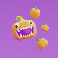 feliz halloween con el personaje de calabazas jack-o-lantern flotando sobre fondo morado, fiesta tradicional de octubre, representación 3d. foto