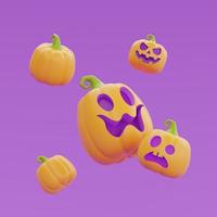 Happy Halloween with Jack-o-Lantern pumpkins character floating on purple background, traditional october holiday, 3d rendering. photo