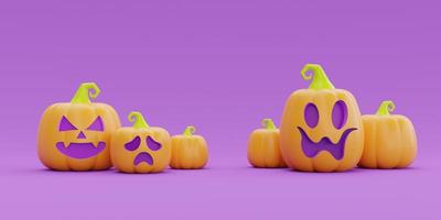 feliz halloween con carácter de calabazas jack-o-lantern sobre fondo morado, fiesta tradicional de octubre, representación 3d. foto