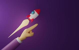 Businessman hand pointing forward with rocket taking off on purple background. photo